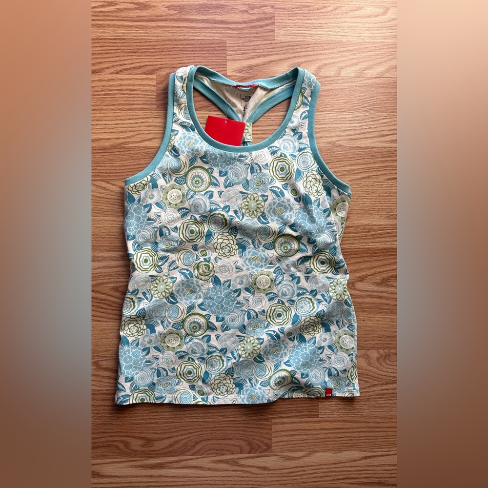 The North Face Teal Floral Print Top Cami Shell XL Built In Bra Rio Blue